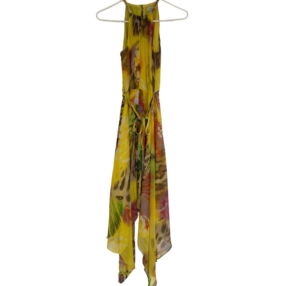 Caché size 2 handkerchief midi dress in yellow with bold colorful print